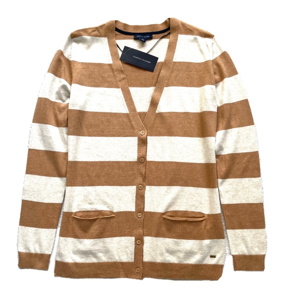 Tommy Hilfiger Women's V-Neck Striped Soft Knit Cardigan Sweater